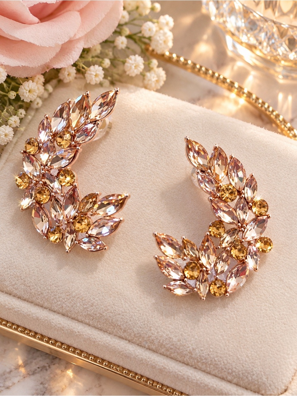 Crystal Leaf Cluster Earrings - Peach and Gold